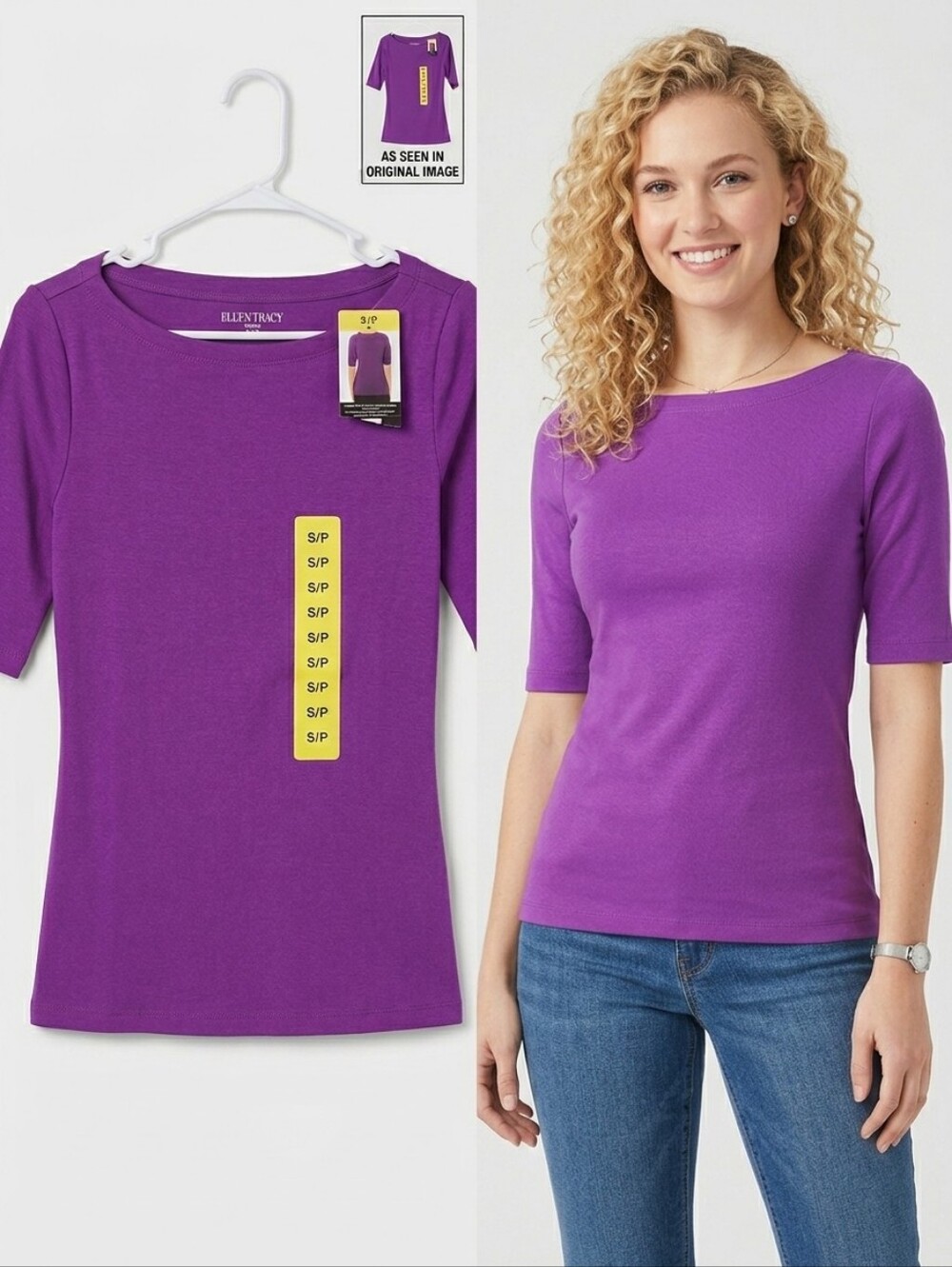 Ellen Tracy Elbow Sleeve T-Shirt Purple Small